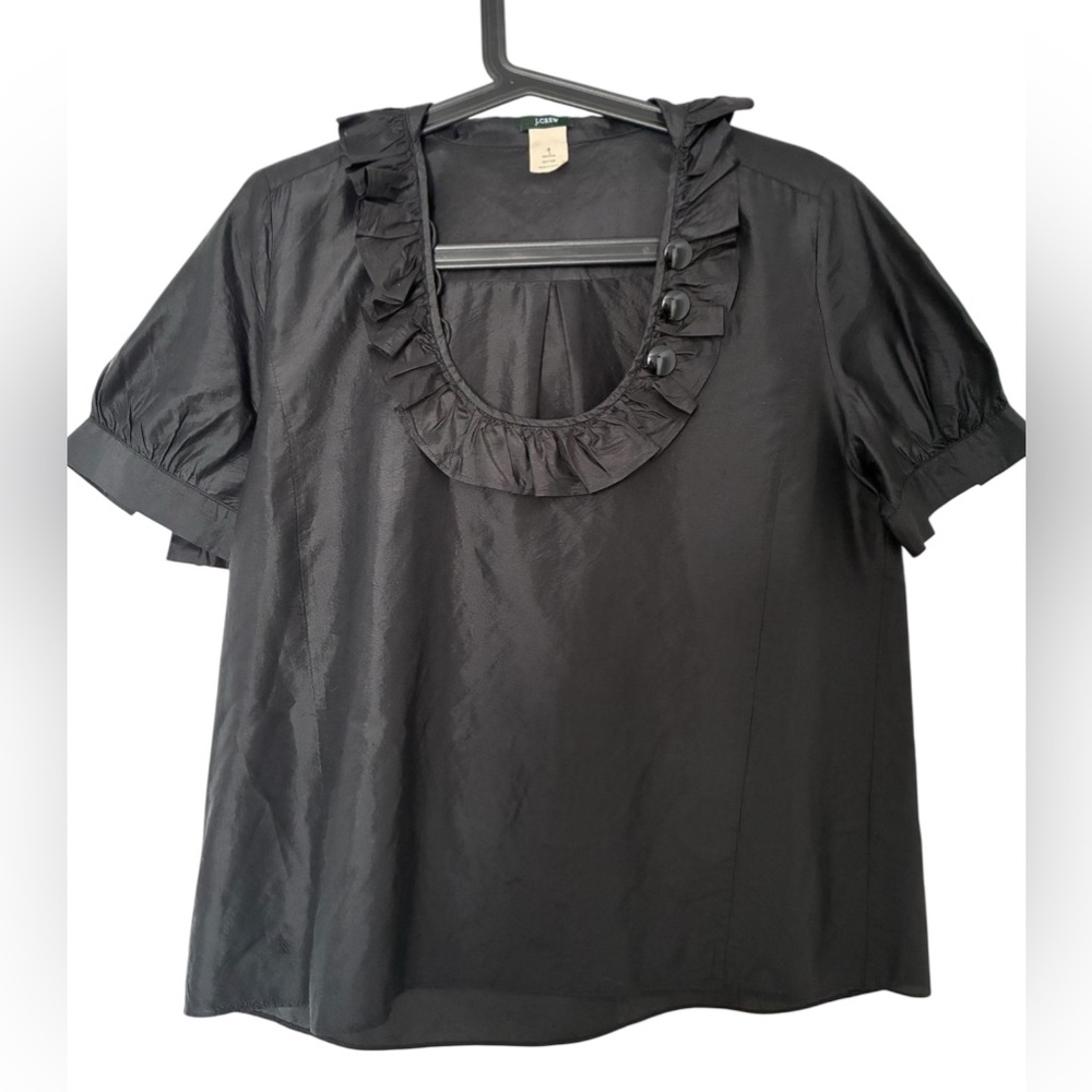 J.Crew 100% Silk Ruffle Blouse – Romantic Luxury Black Top (Size 6)